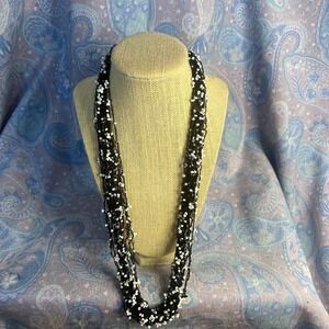 Handmade Long Black White  Beaded Necklace with Twist Magnetic Clasp, 28.5"